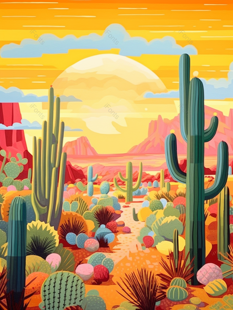 沙漠植物仙人掌组合日落风景,插画/手绘图,插画/手绘图库,插画/手绘图下载,插画/手绘